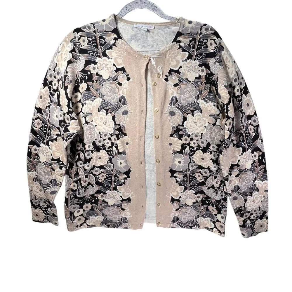NWOT Isaac Mizrahi Live Floral Button Down Cardigan L Beige Black Womens Sweater - Picture 2 of 11